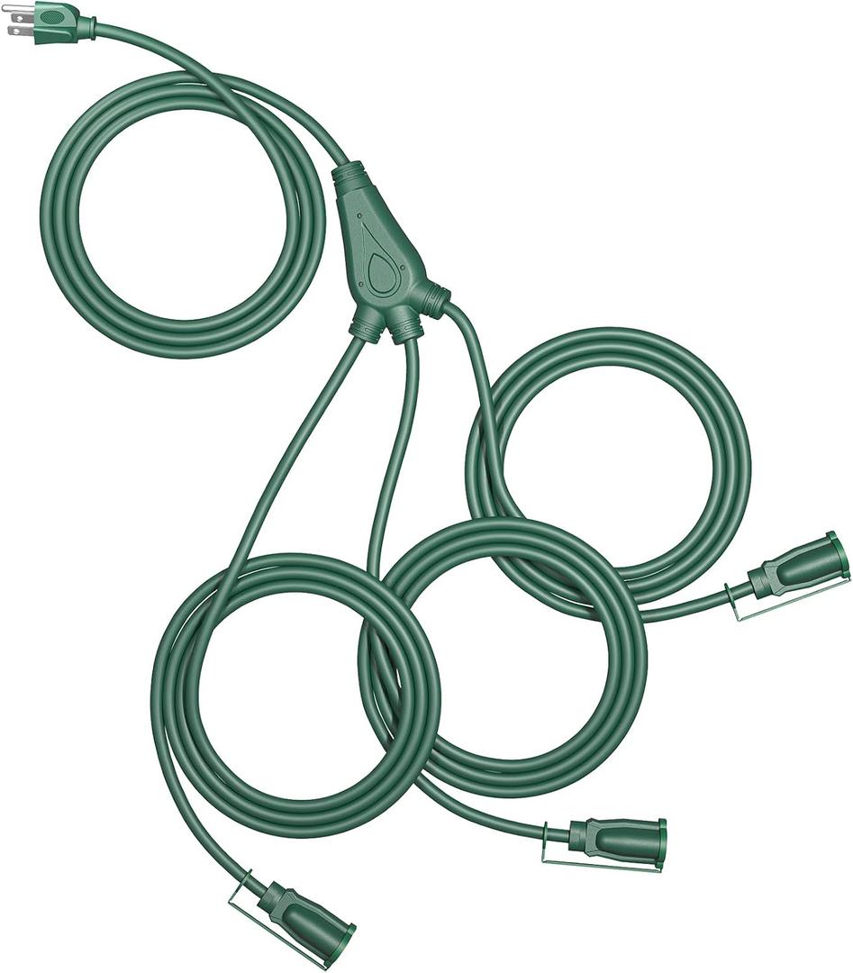 DEWENWILS 25Ft Outdoor Extension Cord Multiple Outlets, Evenly Spaced 3 Outlets Plugs with Safety Cover, 16/3 SJTW Weatherproof Wire for Outdoor String Lights and Holiday Decorations (25 FT, Green)