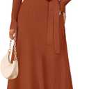 ZESICA Long Sleeve Sweater Dresses for Women 2026 Fall Winter Crewneck Ribbed Knit High Waist Midi Dress with Belt (Medium, Rust)