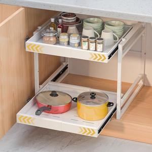 REALINN 2 Tier Pull Out Cabinet Organizer, 21 inch Depth Slide Out Shelves, Expandable 14"-22.5" Wide Heavy-Duty Cabinet Drawers for Kitchen Pots, Pans & Pantry Storage, White