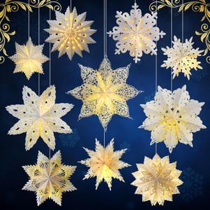 Mudder 10 Pcs Snowflake Paper Lantern Paper Star Lantern with 14 LED Light Paper Lamp Frozen Party Hanging Decoration for Christmas Weddings New Year Birthday Holiday Celebration, White