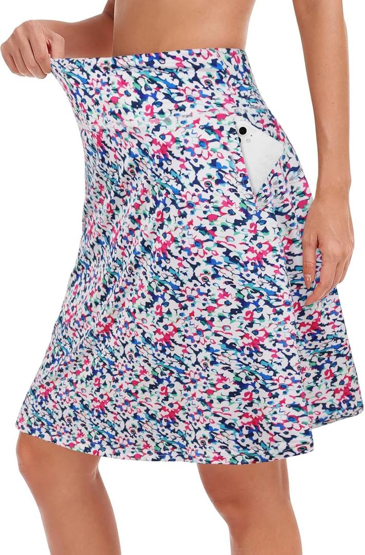 KORALHY 20" Knee Length Skorts Skirts for Women, High Waisted Tennis Athletic Skirt with Zipper Pocket (X-Large, Colorful Flowers)
