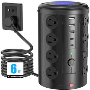 Tower Power Strip Surge Protector with 16 Outlets and 5 USB Ports (2 USB-C), 6FT Extension Cord with Multiple Outlets, Heavy Duty Charging Station, Home Office Dorm Room Essentials, No Wireless Charging
