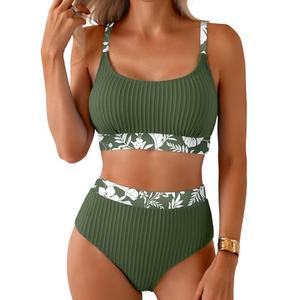Herseas Women's Textured Bikini Sets Floral Trim Scoop Wire Free Swimsuits 2026 High Waisted Slimming Bathing Suits Cute Sporty Soft Chic Resort Essentials Green Medium