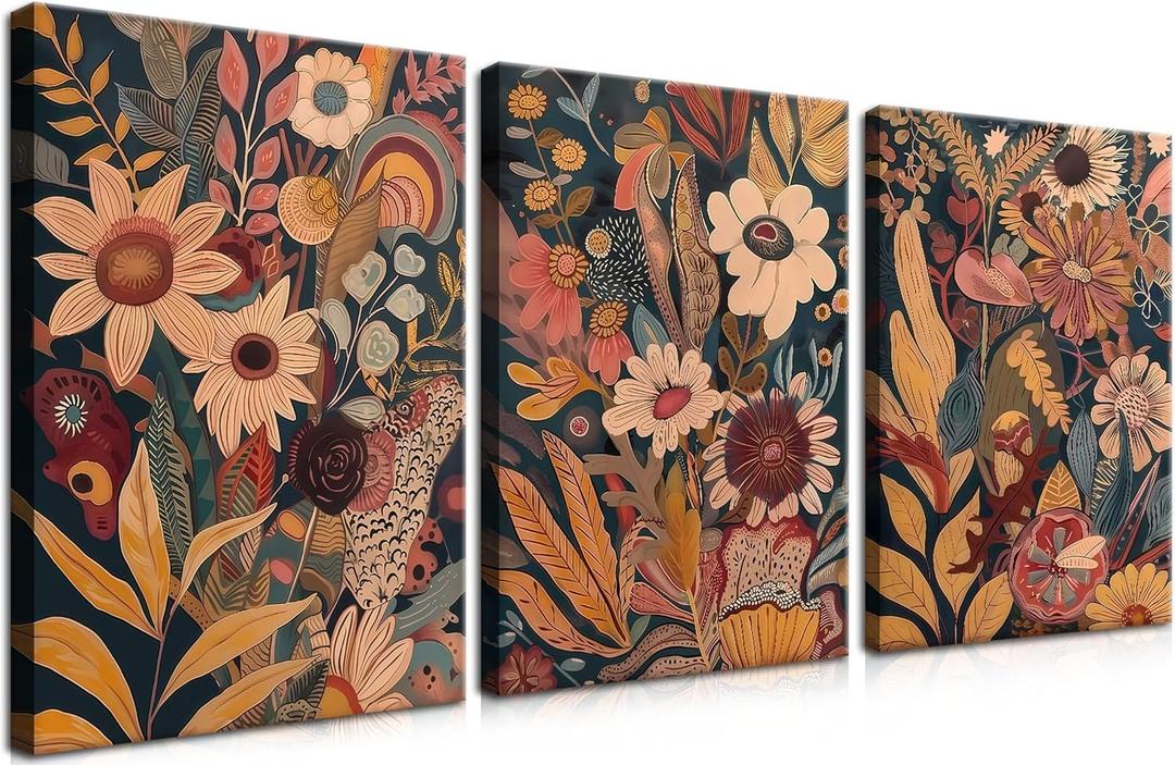 YHCTHT Modern Boho Flower Canvas Wall Art Set of 3 Mid Century Orange Floral Wall Decor, Bohemian Blossom Artwork, Vintage Botanical Prints for Living Room Bedroom Office 16x24in, 24L" x 16W"