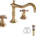 GGStudy 8 inch 2 Handles 3 Holes Widespread Bathroom Sink Faucet Antique Brass Basin Mixer Tap Faucet Matching Metal Pop Up Drain with Overflow