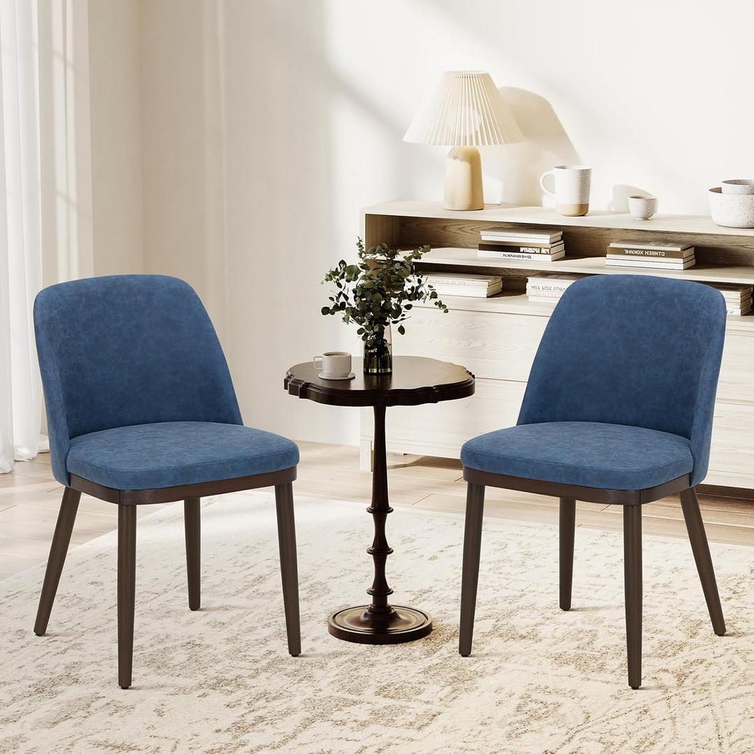 COLAMY Upholstered Dining Chairs Set of 2, Modern Kitchen Chairs with Back, Leather Side Dining Room Chairs with Wood Legs for Kitchen Dining Room Restaurant, Blue
