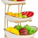 YUNLINLI Fruit Bowl for Kitchen Counter, 3 Tier Fruit Basket for Counter, Ceramic Holder, Tiered Stand with Metal Stand, Detachable Rack for Fruit Vegetable Snack Dessert Storage (White)