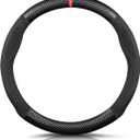 Ergocar Round Shape Carbon Fiber & Microfiber PU Leather Steering Wheel Cover Anti-Slip Car Steering Wheel Protector Breathable Sweat Absorbent Sport for Diameter 38cm15"-Black Red