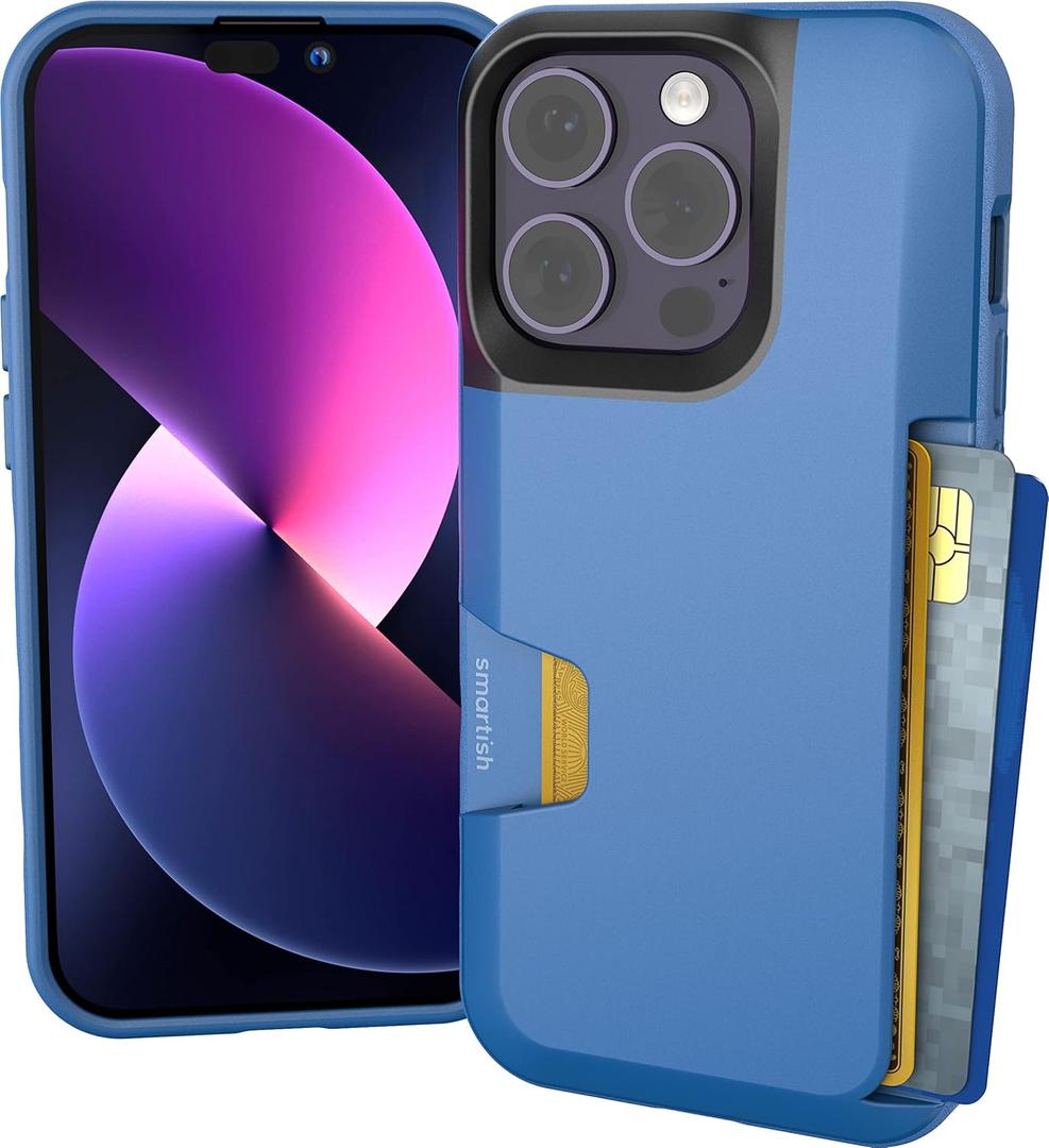 Smartish iPhone 14 Pro Wallet Case - Wallet Slayer Vol. 1 [Slim + Protective] Credit Card Holder - Drop Tested Hidden Card Slot Cover Compatible with Apple iPhone 14 Pro - Blues on The Green