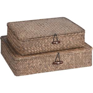 Set of 2 Flat Seagrass Storage Bins with Lid Wicker Storage Baskets for Organizing, Woven Shelf Organizer Bins Home Utility Organizer Box for Home & Office Supplies(Coffee)