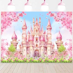 Sensfun Princess Castle Birthday Backdrop Pastle Pink Sakura Floral Photography Background Fantasy Fairy Tale Princess Birthday Baby Shower Party Decorations Banner Photo Booth Props 7x5ft