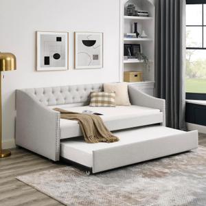 Twin Size Upholstered Daybed with Trundle,Button Tufted Sofa Bed with Nailhead Trim for Small Space,Bedroom,Livingroom,Guest Room, No Spring Box Need,Beige