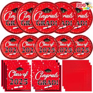 JOYIN 200 Pcs Graduation Party Plates and Napkins Red Dinnerware Set Supplies, 2025 Disposable Dessert Paper Plates Luncheon Cocktail Napkins for Congrats Grad Graduation Decorations, Serve 50