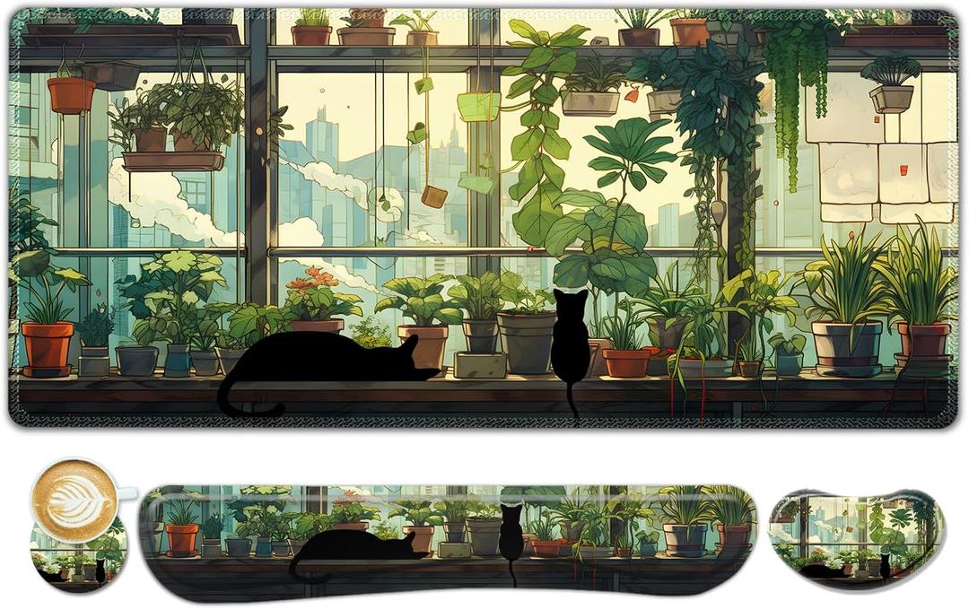 ToLuLu Extended Gaming Mouse Pad, Memory Foam Ergonomic Keyboard Mouse Wrist Rest Support Set, Large Desk Mat with Stitched Edges, Non-Slip Base Mousepad Home Office, Cute Green Japanese Kawaii Cat