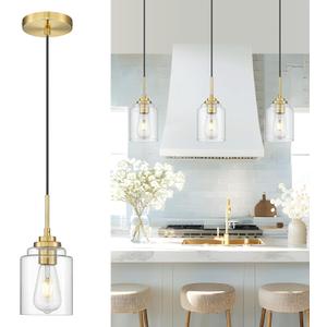 AUTELO Gold Pendant Lights, 1-Light Pendant Light Fixtures in Brushed Gold Finish with Clear Glass, Antique Pendant Lights Kitchen Island, Brass Hanging Lights for Dining Room H7010 BG (1 Pack - 6.3 Inch)