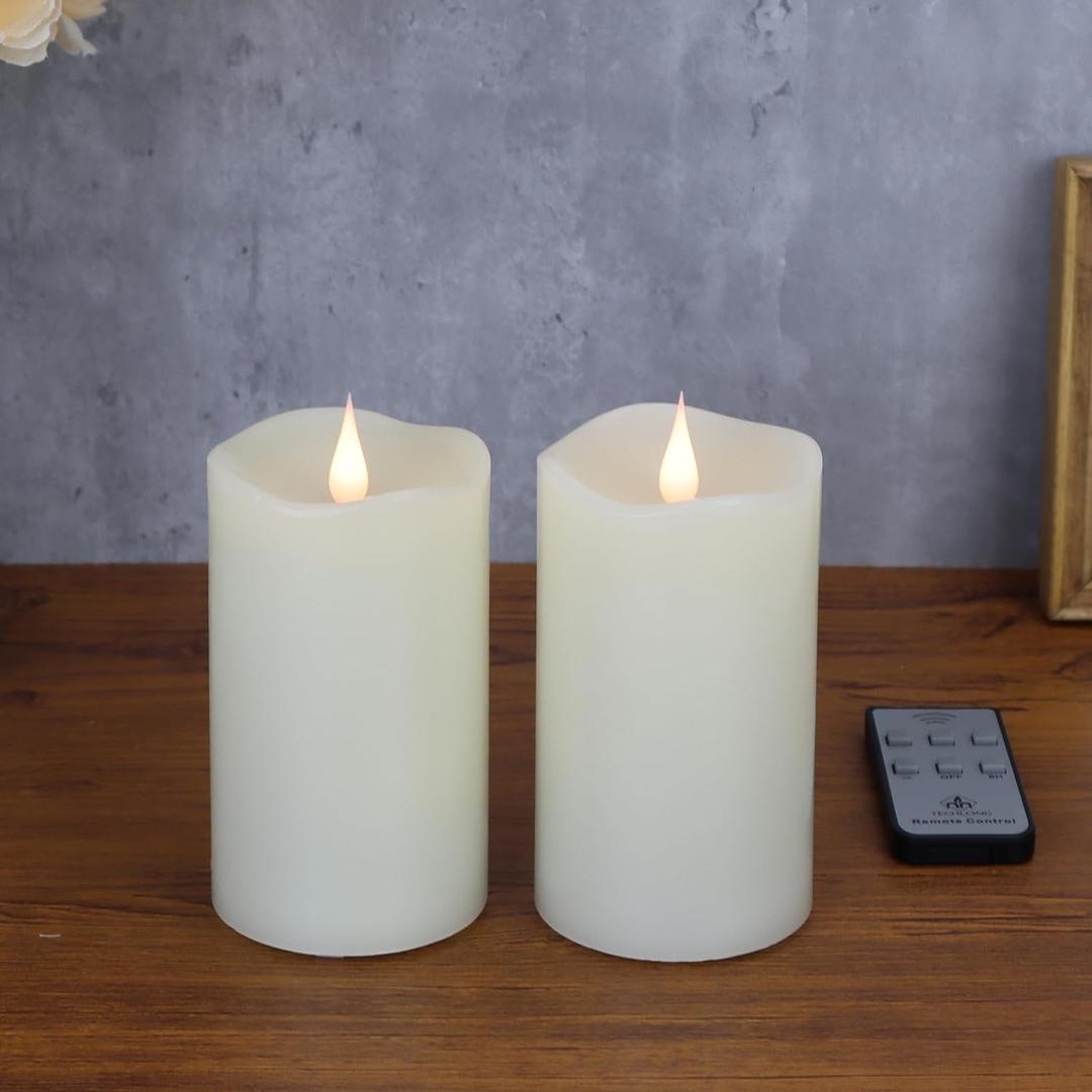Flameless Candles with Remote Timer, 3D Moving Flickering Flame Battery Operated Candles Lasting 1000+ Hours, 3" x 5" Ivory Real Wax Electric LED Pillar Candles, Set of 2
