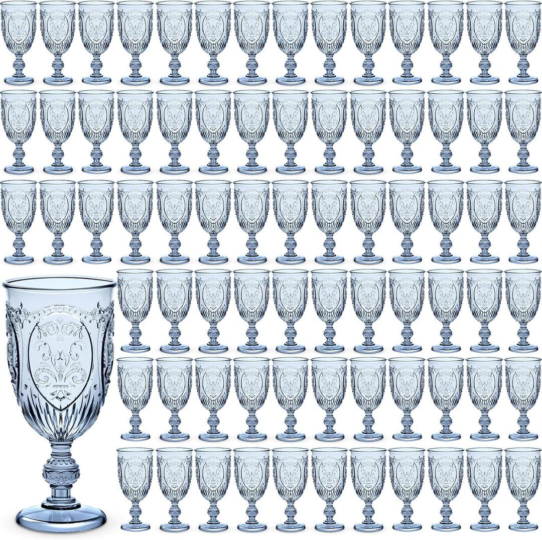 Wiwiqing 100 Pcs Plastic Goblets 7.5oz Vintage Goblet Plastic Wine Glasses Colored Retro Embossed Water Goblets for Wine Bar Juice Baby Shower Wedding Reception Grand Event Party (Blue)