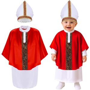 Maiteenly 3 Pcs Halloween Pint Sized Pope Costume Infant Small Bishop Outfit Set White Robe Red Papal Poncho Hat (Large)