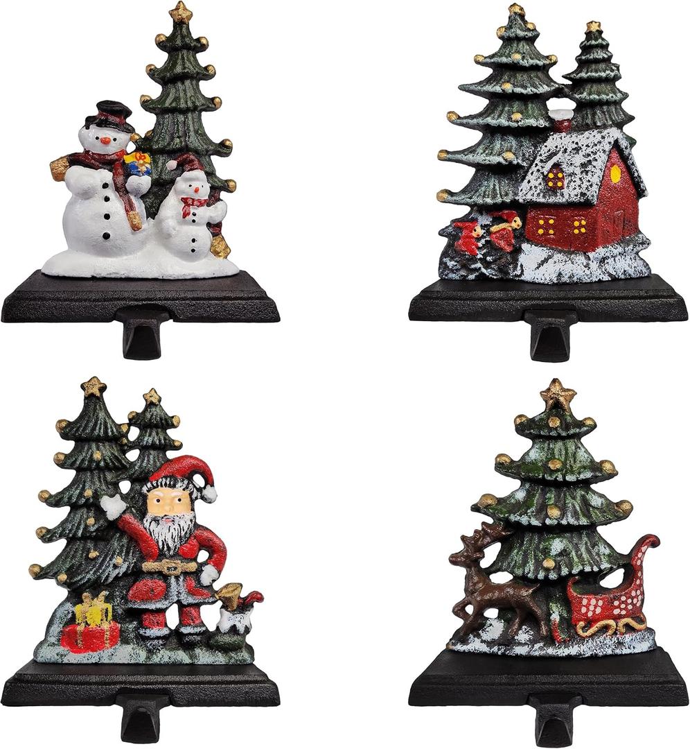 Christmas Stocking Holder - Set of 8 Stocking Hangers Snowman Santa Snowflakes Christmas Tree Deer Stocking Hooks for Fireplace, Shelf