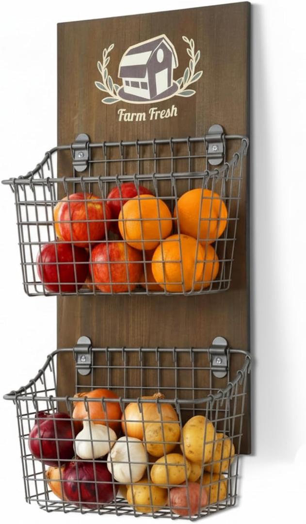 Duraaamo 2 Tier Hanging Wall Fruit Basket for Kitchen Hanging Friut Baskets Wall Mount Fruit Basket Hang Potato and Onion Storage Bin with Chalkboard Rustic Walls Baskets for Kitchen Gifts