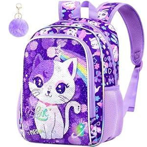 KLFVB Girls Toddler Cat Backpack, Water Resistant Sequins Kindergarten Bookbag, 13" Preschool Backpacks for Little Kids  Cat Purple