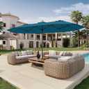 15FT Double Sided Patio Umbrella with Base Included Large Outdoor Market Umbrella with Crank Handle, UV Resistant Canopy, Sturdy Frame for Garden, Poolside, Deck, Lake Blue