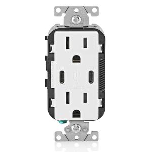 Leviton 30W (6A) USB Dual Type-C/C in-Wall Charger with 15A Tamper-Resistant Outlet, USB Charger for Smartphones and Tablets, Not for Laptops, T5637-W, White