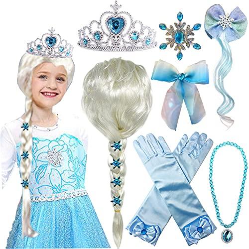 Princess Elsa Wig Frozen Elsa Braid with Princess Tiara Necklace Gloves Princess Elsa Dress Up Costume Cosplay Accessories for Kids Girls S