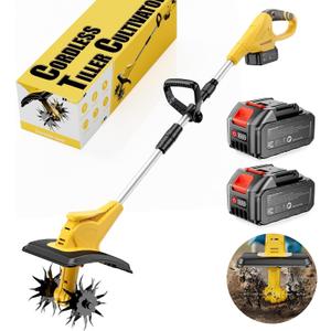 21V Cordless Tiller Cultivator, 360 Max RPM Cordless Electric Garden Tiller with 2 * 3.0 Ah Battery & Fast Charger, 9.06" Tilling Width, 6.3" Depth, Portable Rotary Tiller for Lawn Soil Cultivation