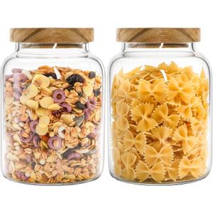 Bekith 2 Pack 42 FL OZ (1250ml) Glass Storage Jars with Wooden Lids, Glass Food Storage Container with Airtight Lid, Pantry Canister for Beans, Rice, Sugar, Coffee and etc