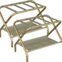 Smuxee Gold Luggage Rack Pack of 2, Foldable Suitcase Stand with Fabric Storage Shelf, Luggage Holder with 4 Nylon Straps for Hotel Guest Room Bedroom