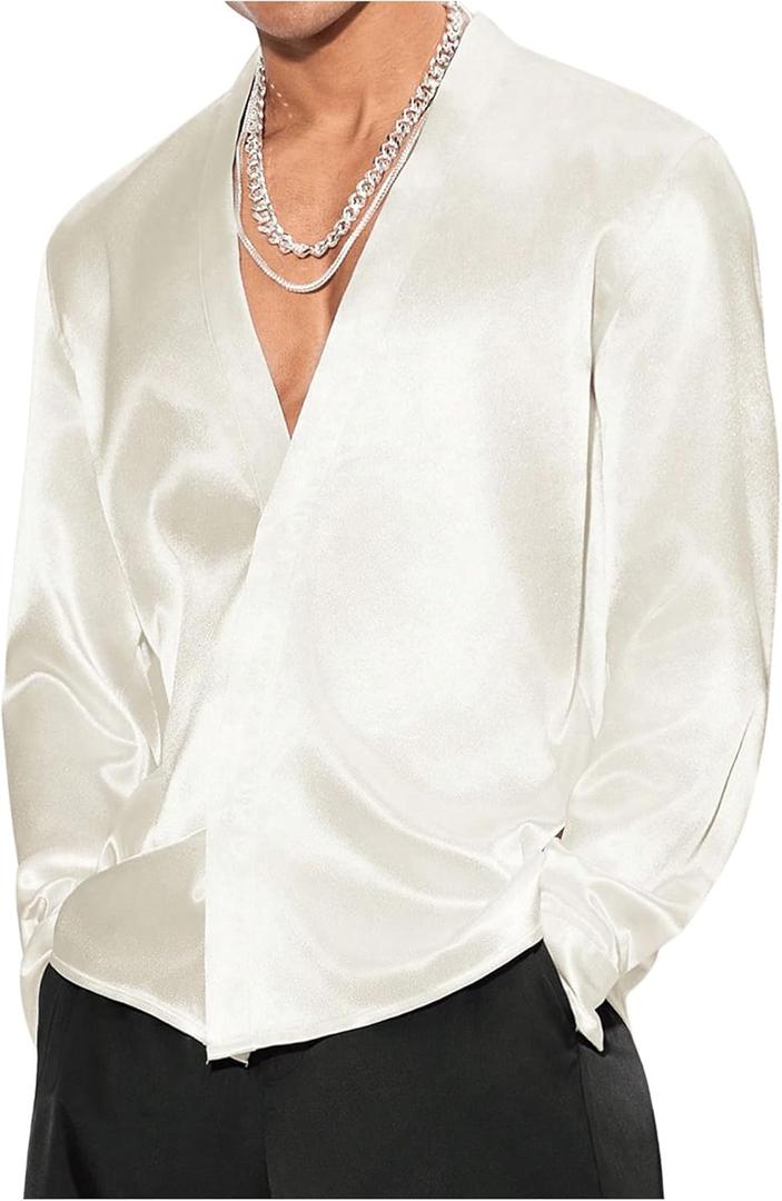 Floerns Men's Wedding Long Sleeve V Neck Shirts Shiny Satin Prom Party Club Shirts (XX-Large, Champagne)