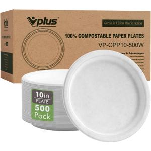 Vplus 500 Pack Compostable Disposable Paper Plates 10.25 inch Super Strong Paper Plates 100% Bagasse Natural Biodegradable Eco-Friendly Sugarcane (white), Large