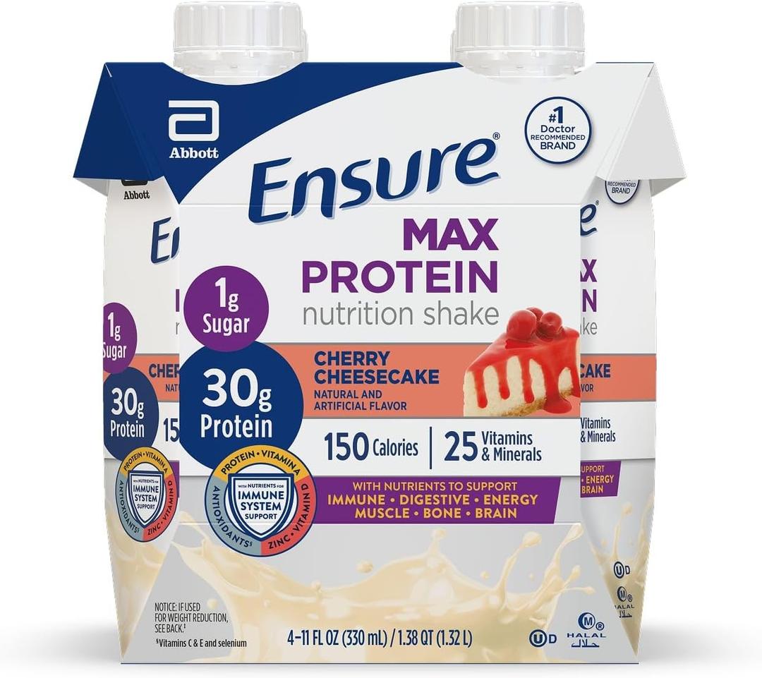 Ensure Max Protein Shake | Cherry Cheesecake | Ready to Drink | 30g Protein for Muscle Health | 1g Sugar, 4g Fiber | 11 fl oz, 4 Pack, Best By 1 JUL 2026