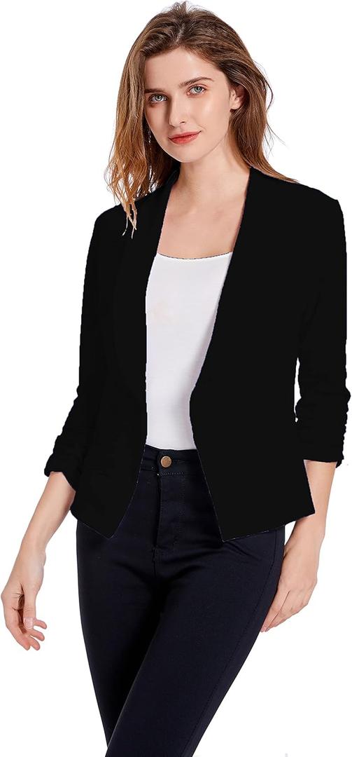 Women's Soft Stretchy Lightweight Cardigan Blazer One Button 3/4 Ruched Sleeve Business Casual Blazer Jackets (Large, 01 Black)