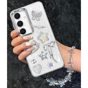 Toycamp for Samsung Galaxy S25 Plus Case, for Samsung Galaxy S24 Plus Cases - for Women Girls Cute Girly Kawaii Cartoon 3D Cat Star Bow Design with Charm Butterfly Wrist Chain Aesthetic Phone Cover