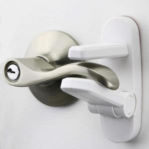 Door Lever Lock Prevents Toddlers from Opening Doors. 3.25" L * 1.5" W * 4.5" H Easy One Hand Operation for Adults. Durable ABS with 3M Adhesive Backing. Simple Install, No Tools Needed.