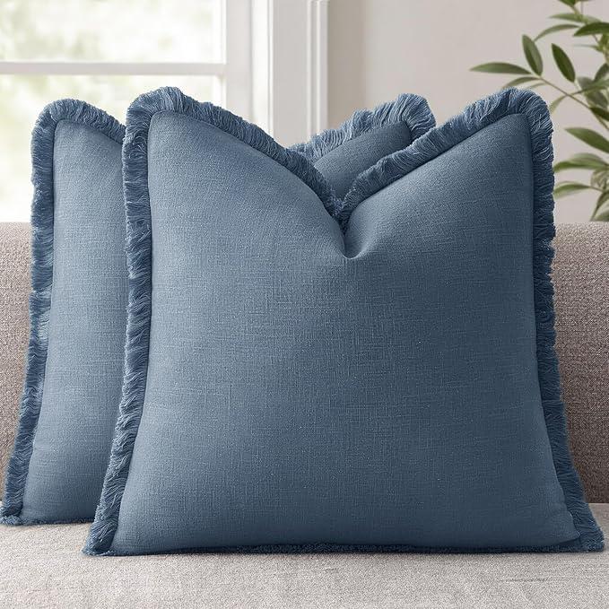 ANRODUO Set of 2 Decorative Throw Pillow Covers 26×26 Inch Soft Linen Fringe Farmhouse Boho Vintage Cushion Covers with Tassels Accent Pillowcase for Couch Sofa Bed Living Room Summer Blue Ashes
