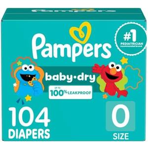 Pampers Diapers - Baby Dry - Size 0, 104 Count, Absorbent Disposable Newbort Diaper (Packaging May Vary)