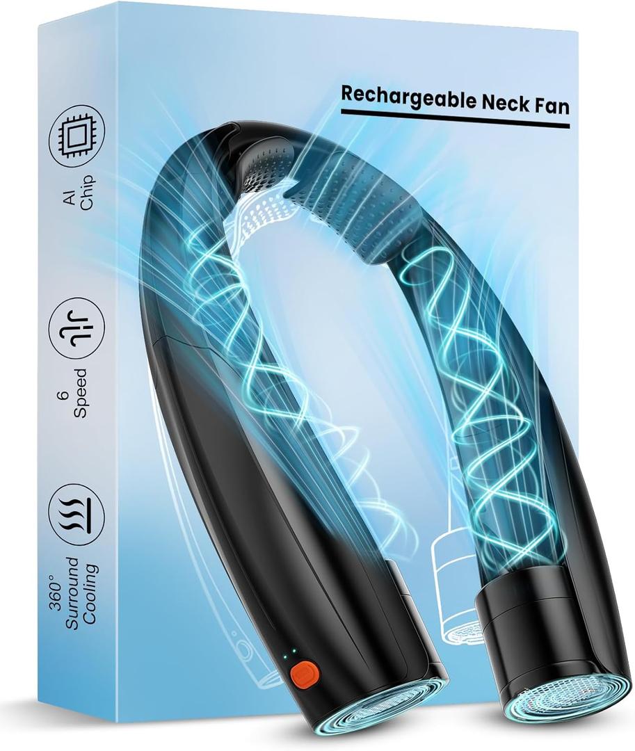 Portable Neck Fan, 6 Speeds Rechargeable Personal Fan with AI Chips, Hands-Free 360 Faster Cooling Wearable Fan, Ultra Quiet for Home, Office, Travel, Indoor, Outdoor - Black