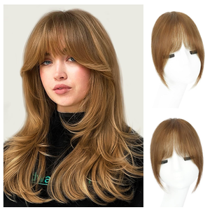 EINAEY Clip in Bangs, 100% Real Human Hair Fake Clip on Bangs Hairpieces for Women French Bangs Light Brown Fringe with Temples Curved Curtain Bangs for Daily Wear