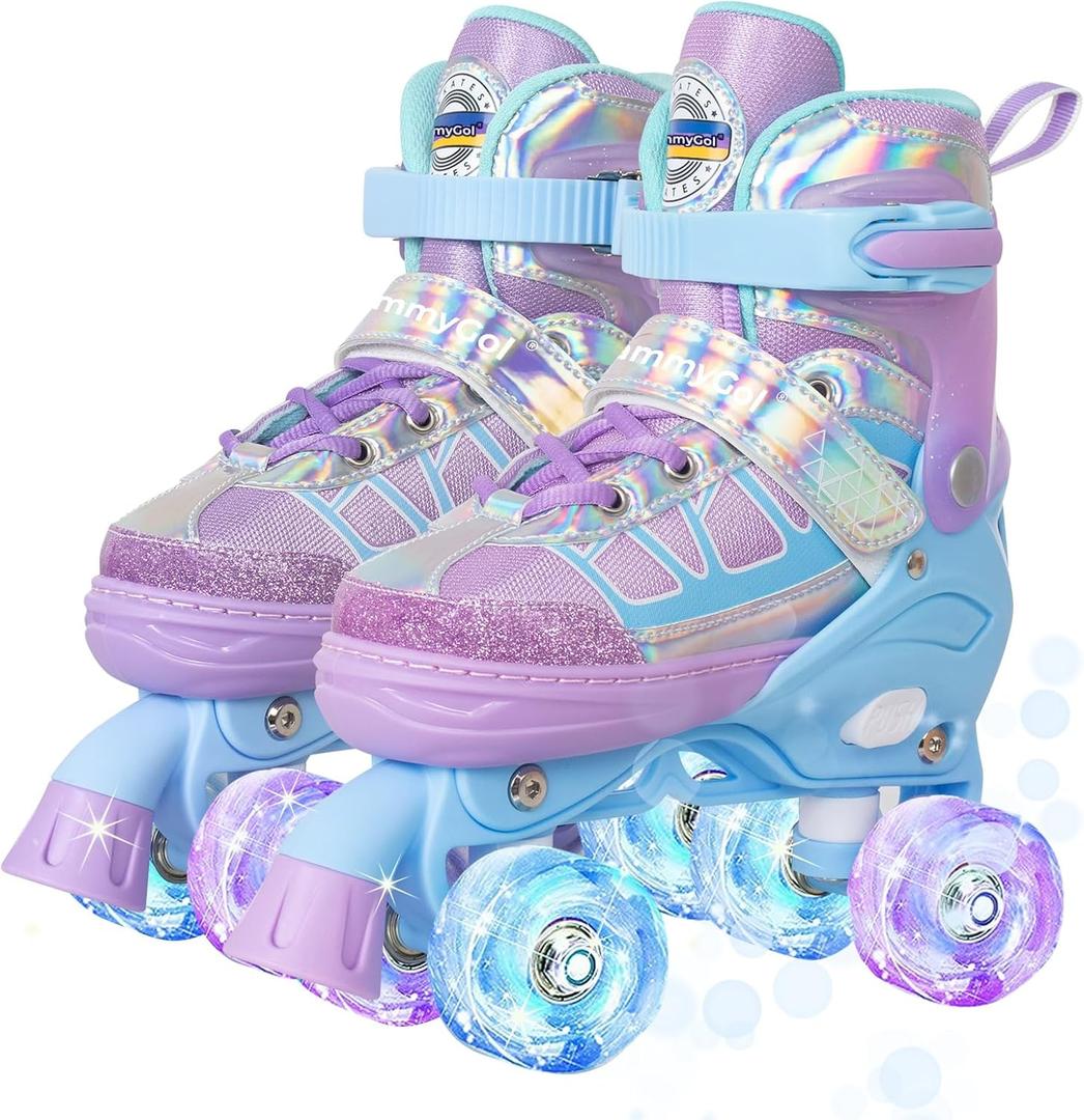 MammyGol Roller Skates for Kids Boys Girls, Adjustable Quad Skates with Light Up Wheels for Toddler Little Kids Ages 6-12 Size 9C 10C 11C 12C, Beginners Outdoor Sports, Amethyst Sky