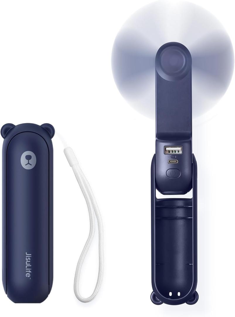 JISULIFE Handheld Mini Fan, 3 IN 1 USB Rechargeable Portable Fan [12-19 Working Hours] with Power Bank, Flashlight, Pocket Design for Travel/Summer/Concerts/Lash, Gifts for Women (Dark Blue)