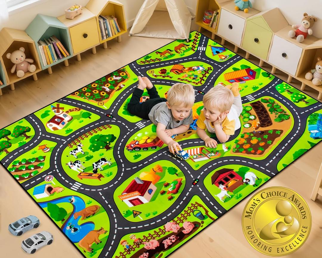 Kids Farm Play Rug, 3x5 Ft Happy Farm Activity Playmat, Extra Thick (0.4in) - Non-Slip Car Rugs for Kids' Toy Cars, Educational Play Mat Race Track Carpet for Kid's Room, Bedroom and Learning