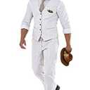Furuyal Mens Casual Wedding Suits Linen Suits for Men 2 Piece Suits Groomsmen Tuxedos Summer Beach Prom Vest and Pants Set White, Size XL