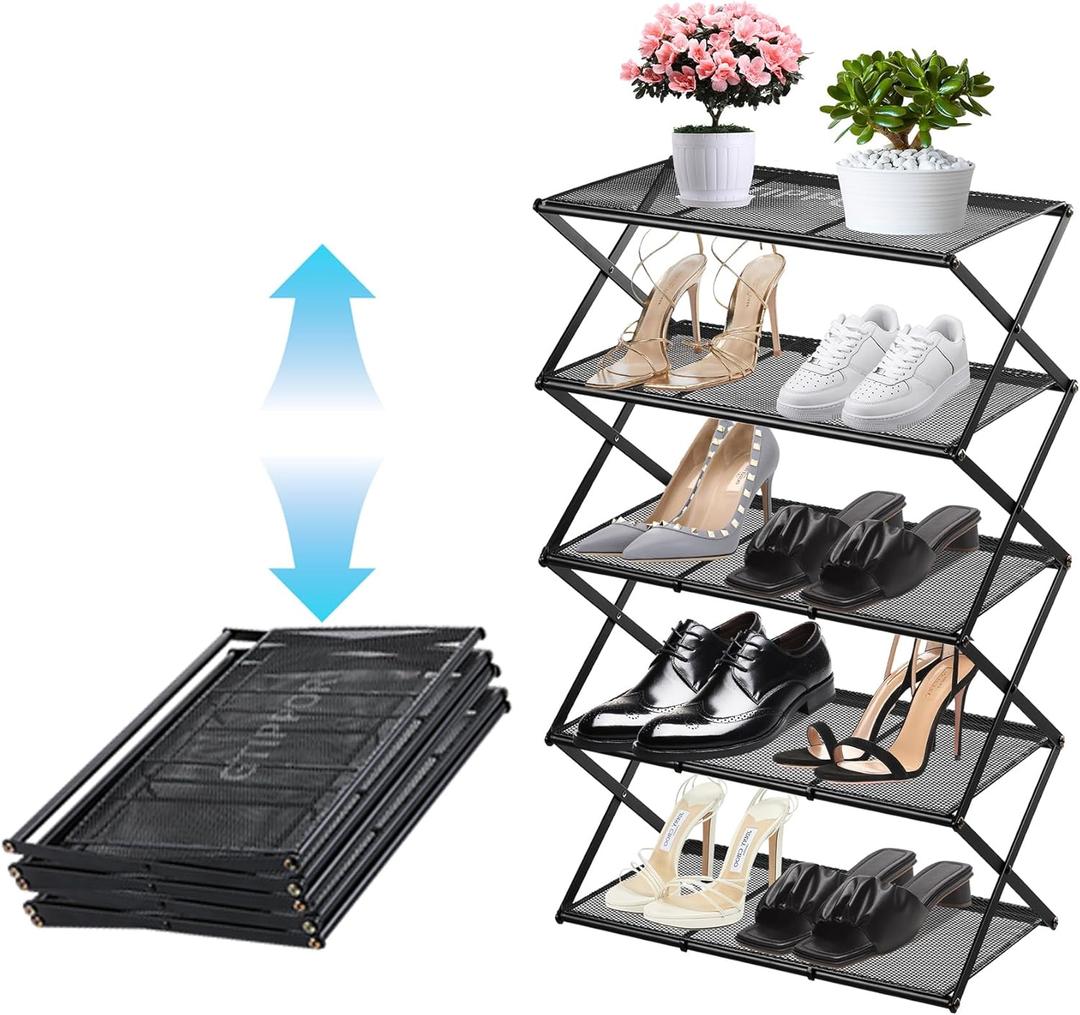 Shoe Rack for Entryway 5 Tier Foldable Shoe Rack Without Assembly Collapsible Metal Shoe Organizer Folding Shoe Storage Rack for Door, Living Room, Black (X Shape(black))