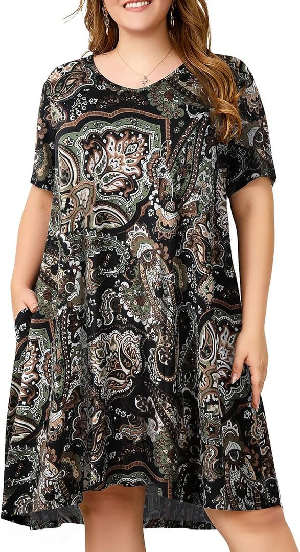 OVERWORETY Womens Short Sleeve Plus Size T-Shirt Dress V Neck Casual Loose Swing A-Line Summer Tunic Dresses with Pockets (2X)