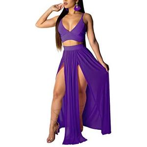 Women Sexy 2 Piece Outfits Dress Chiffon Strap Deep V Neck Bra Crop Top High Split Maxi Dresses Skirt Set Size S