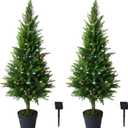 2 Packs of Fake Cypress Plants with Lights, 4FT Artificial Cedar Pruning Tree, with Flowerpot, UV Resistant Artificial shrubs, Suitable for Outdoor and Indoor Front Porch Gardens