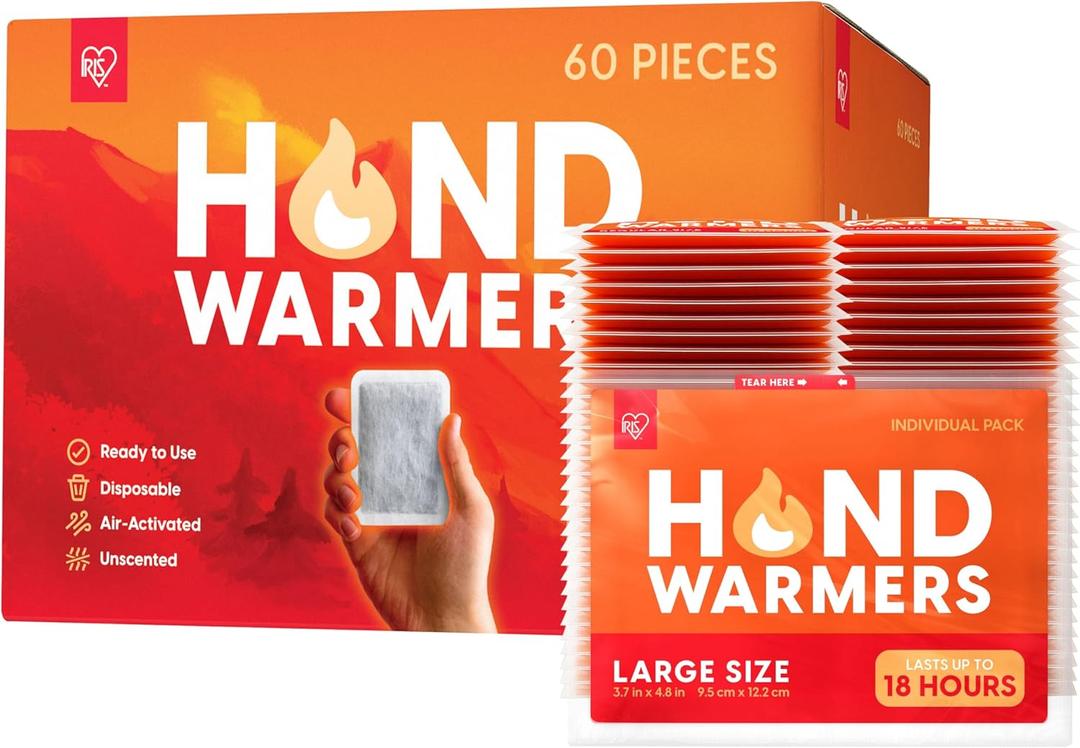 IRIS USA Hand Warmers, Regular or Large, 60 Individual Warmers, Regular & Adhesive Body Warmers Up to 10/18Hours Disposable Handwarmers Bulk for Hot Hands Feet Chest Back, TSA-Approved, Outdoor